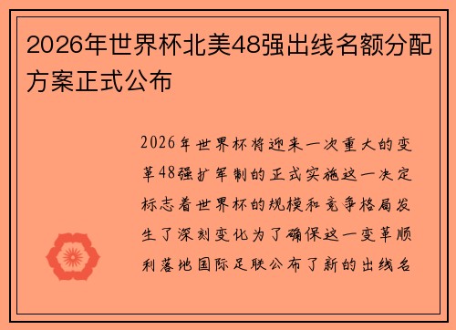 2026年世界杯北美48强出线名额分配方案正式公布