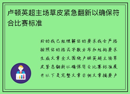 卢顿英超主场草皮紧急翻新以确保符合比赛标准